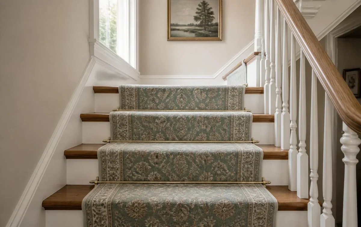Patterned wool stair runner fitted with brass stair rods on an oak staircase